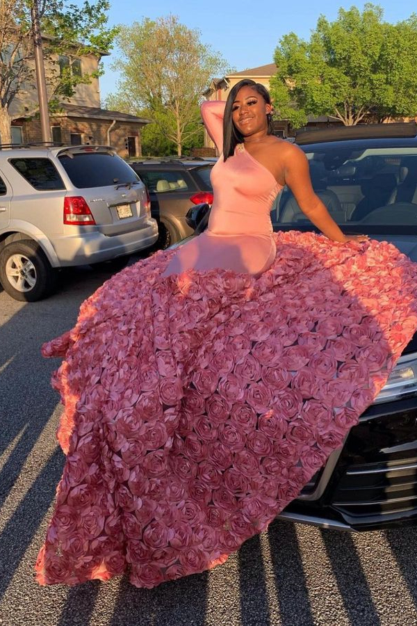 Maibel Sexy One Shoulder Long Sleeve Pink Sequins Mermaid Evening Dress