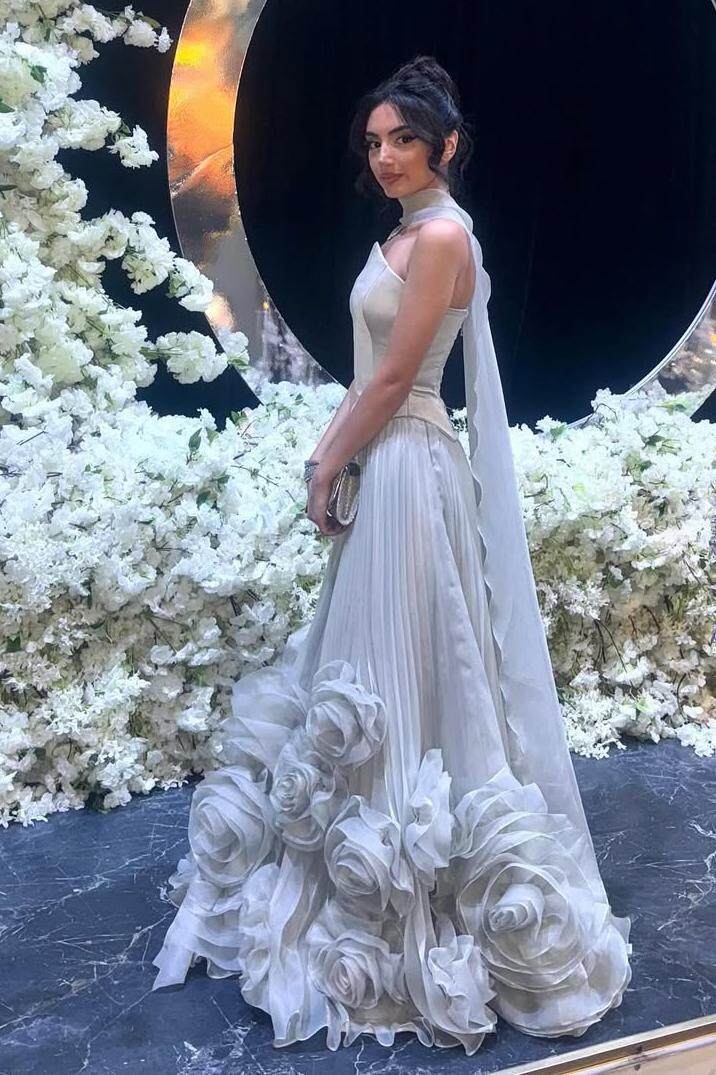 Strapless Sleeveless Long Formal Dress With Flower Pleated Ruffle