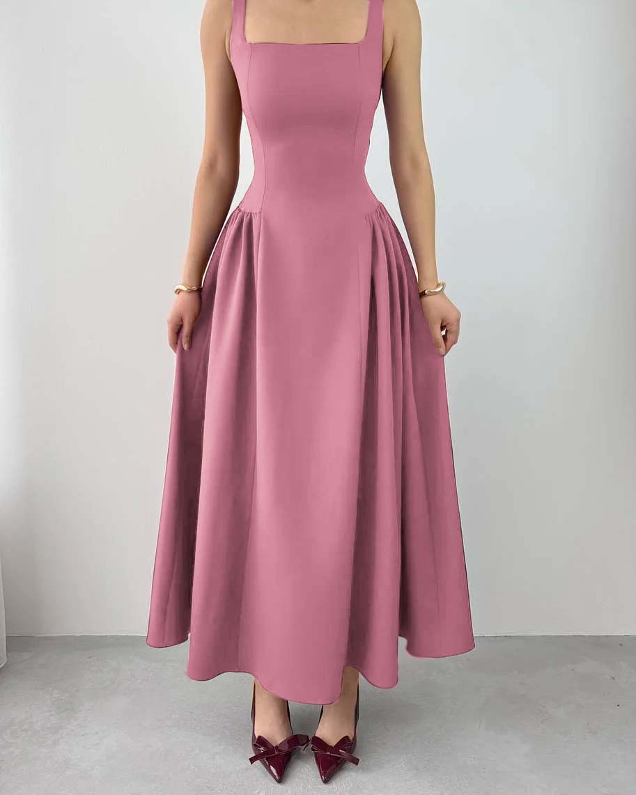 Sleeveless Square Neck Straps Tea Length Formal Dress With Pleated
