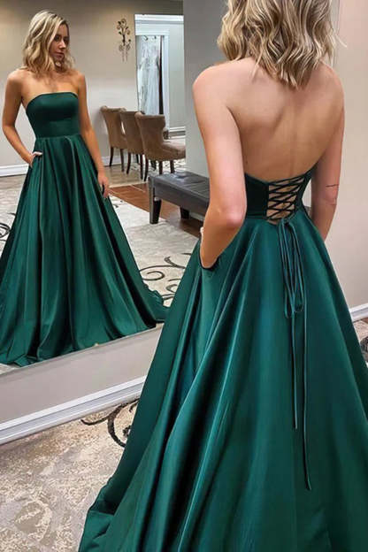 Dark Green Long Strapless Prom Dress with Criss Cross Back in A-Line