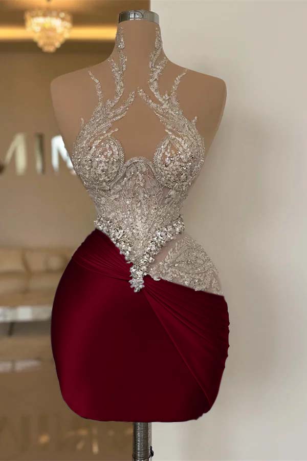 White High-Grade Exquisite Beaded Pleated Tights Short Mini cocktail Dress