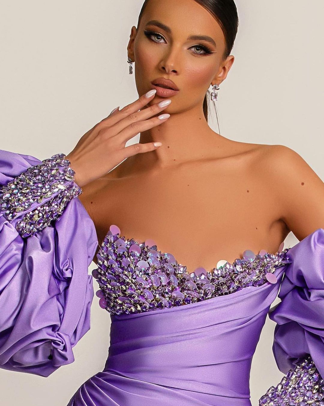 Elegant Purple Bubble Sleeves Sequins Evening Dress