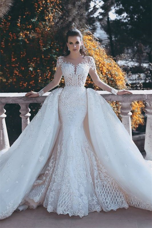 Long Sleeves Lace Appliques Mermaid Wedding Dress with Detachable Skirt