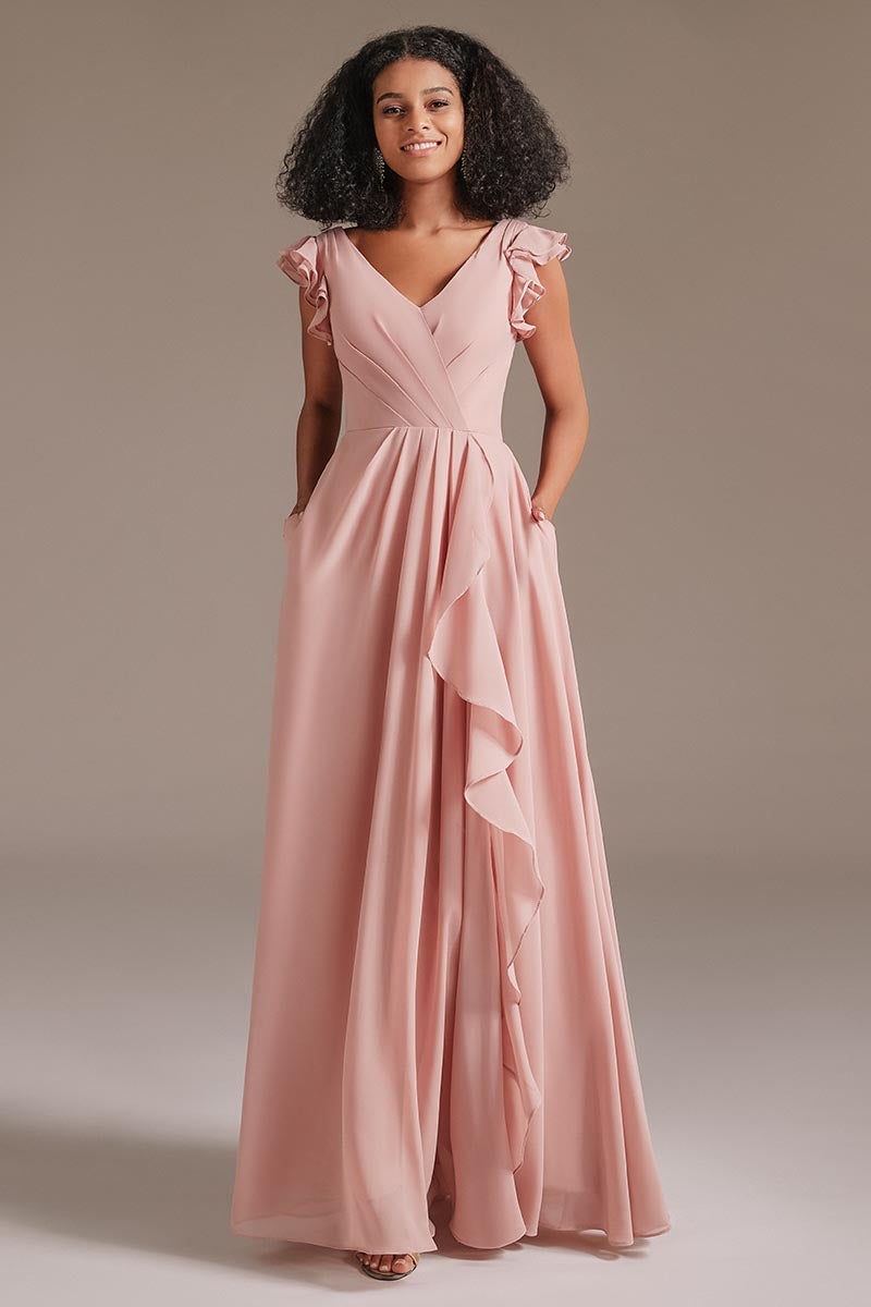 Dusty Rose Ruffles Sleeves Bridesmaid Dress with Pockets
