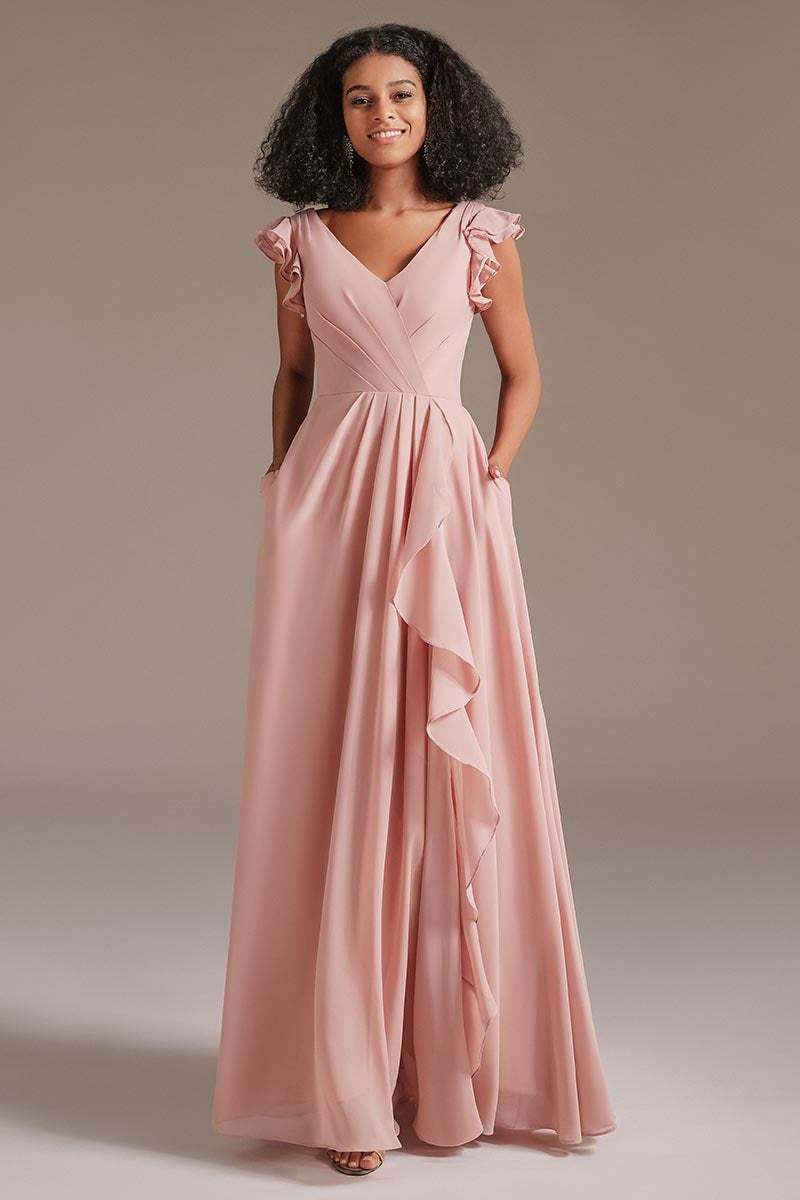 Dusty Rose Ruffles Sleeves Bridesmaid Dress with Pockets