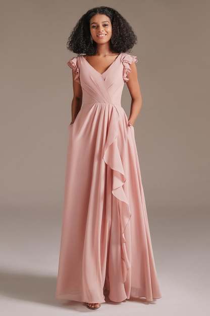 Dusty Rose Ruffles Sleeves Bridesmaid Dress with Pockets