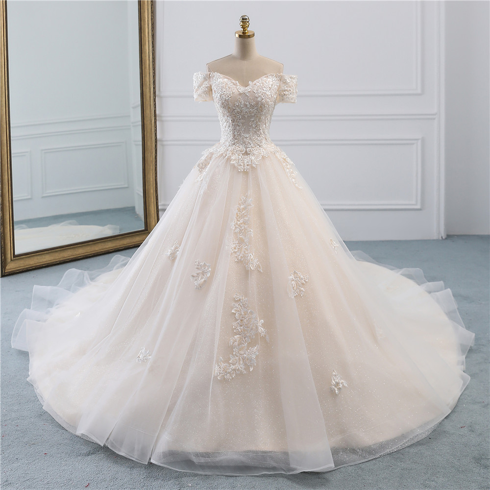 Gorgeous Off-the-Shoulder Tulle Princess Long Wedding Dress with Appliques Lace