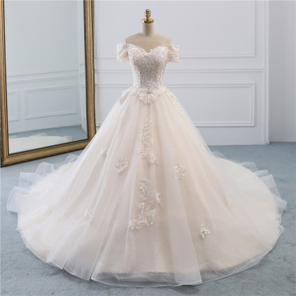 Gorgeous Off-the-Shoulder Tulle Princess Long Wedding Dress with Appliques Lace