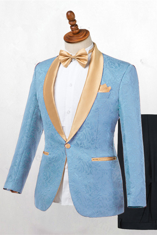 Stylish Blue Shawl-Lapel Wedding Suit for Men with a Single Button