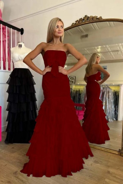 Strapless Sleeveless Long Mermaid Formal Dress With Beading Ruffle