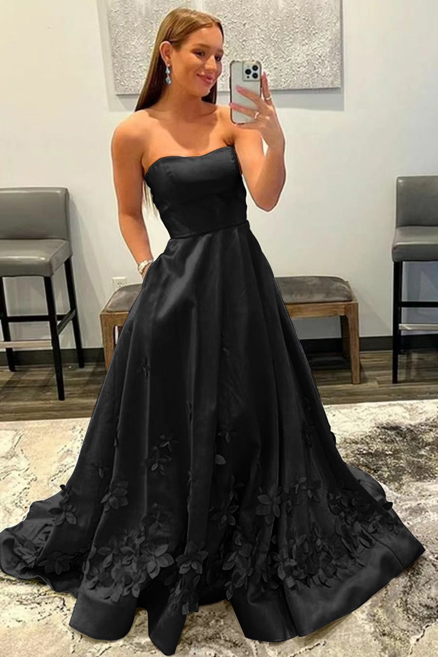 Baby Blue Strapless Appliques Sleeveless Evening Dress