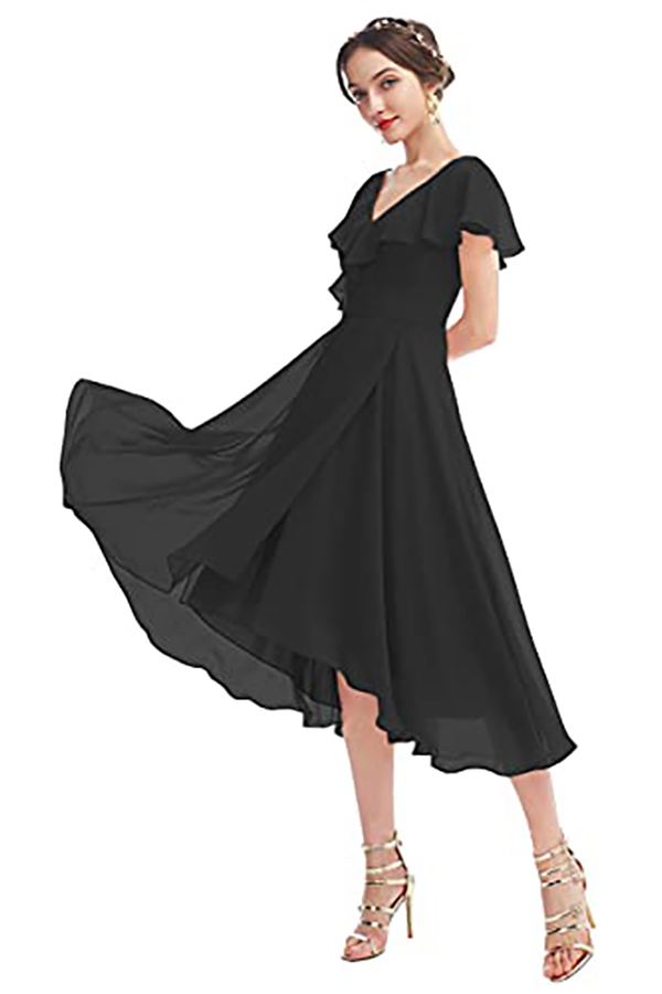 V-Neck Short Sleeve Ruffles Bridesmaid Dress