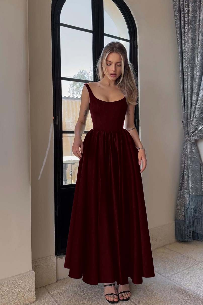 Spaghetti Strap Sleeveless A Line Long Formal Dress With Pleated