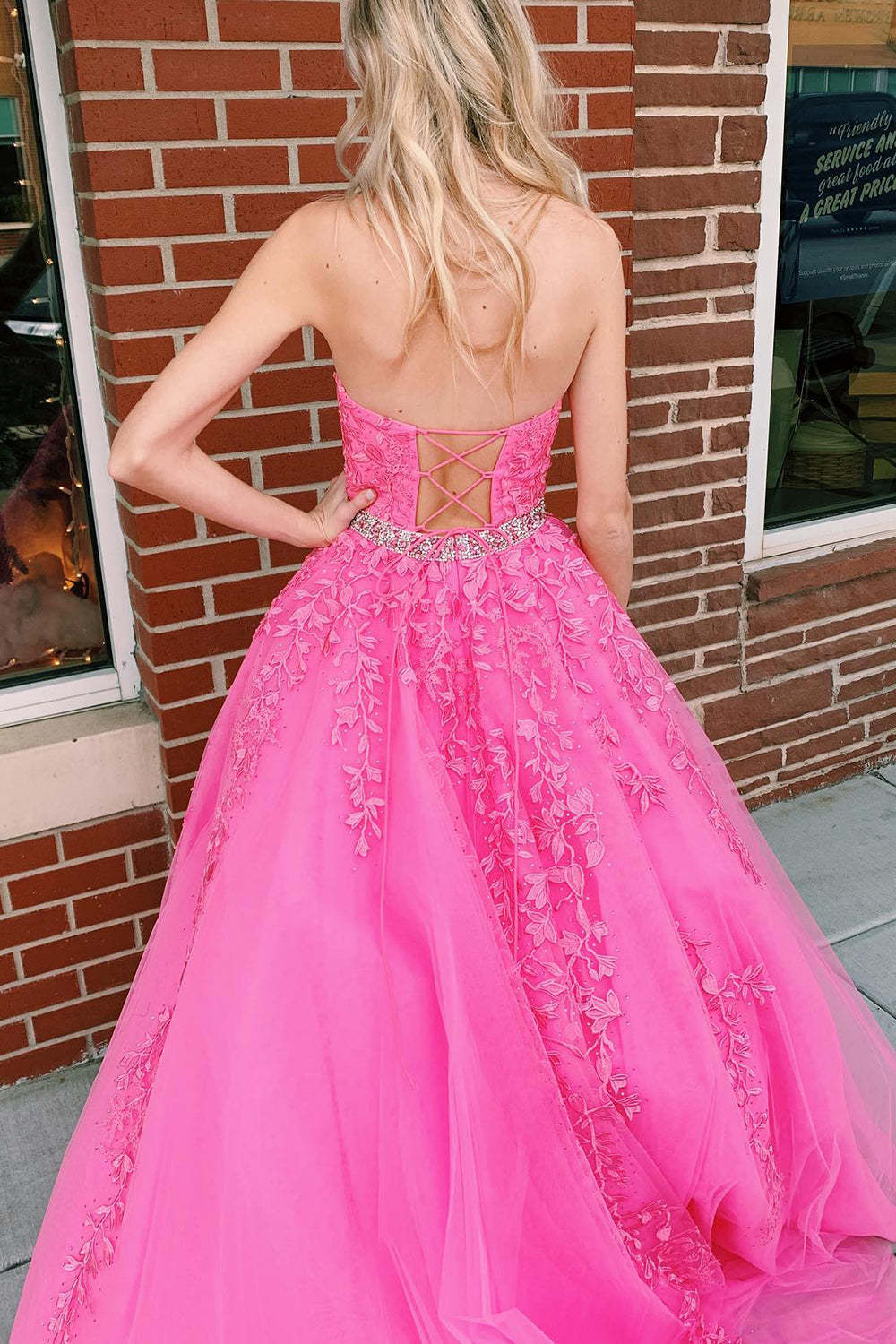 Long Pink Prom Dress with Appliques in Halter Style