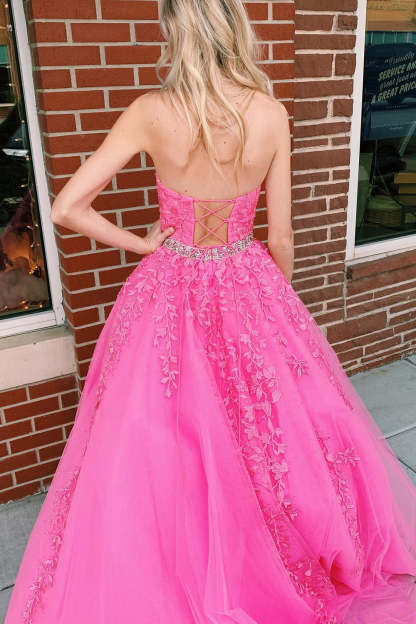 Long Pink Prom Dress with Appliques in Halter Style