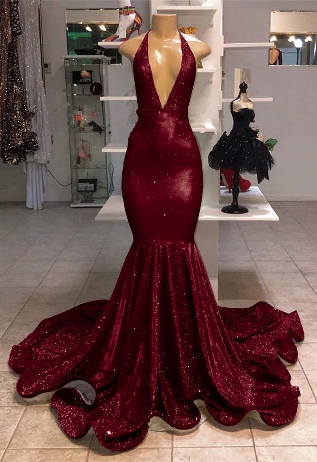 Halter V-Neck Mermaid Evening Dress With Sequins