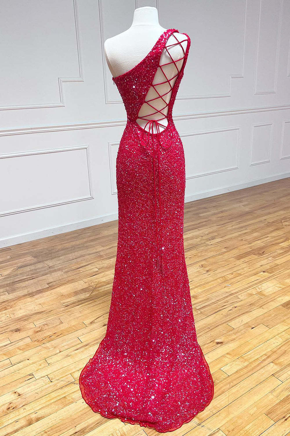White Sequined Long Prom Gown with One Shoulder and Front Slit