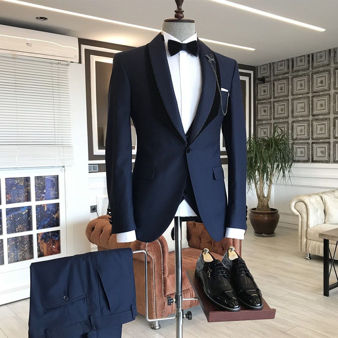 Navy Blue Gene Popular Shawl Lapel Wedding Suit with One Button