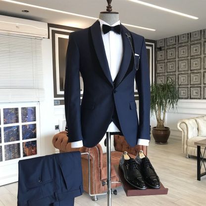 Navy Blue Gene Popular Shawl Lapel Wedding Suit with One Button