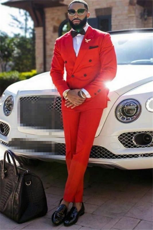 Fashion Liam Red Slim Fit Man's Suit Peaked Lapel Double-Breasted Dinner Prom