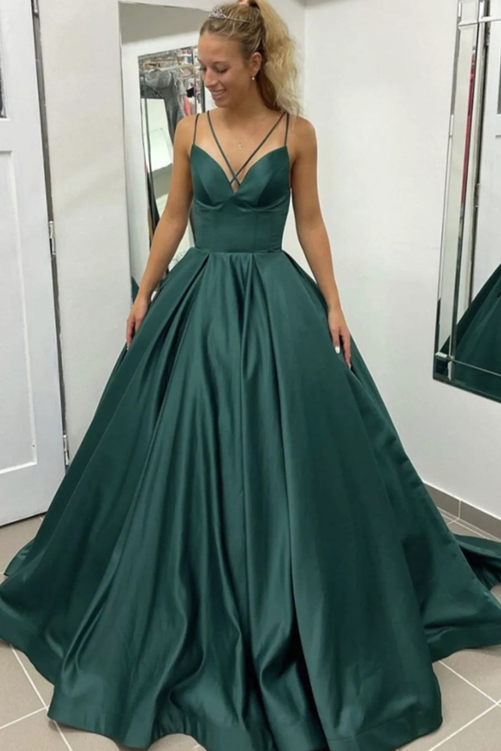 Dark Green Prom Dress with Spaghetti Straps and A-Line Sweep Train