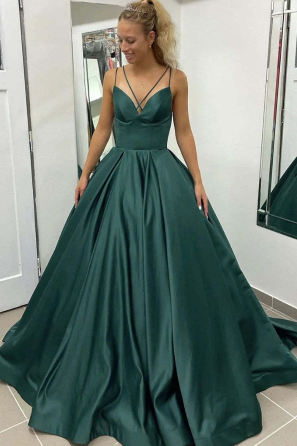 Dark Green Prom Dress with Spaghetti Straps and A-Line Sweep Train