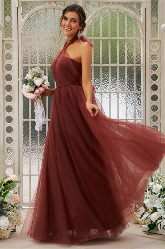 Rust Tulle Halter Long Bridesmaid Dress