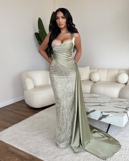Elegant One Shoulder Mermaid Sequins Evening Dress Ball Gown With Ruffles