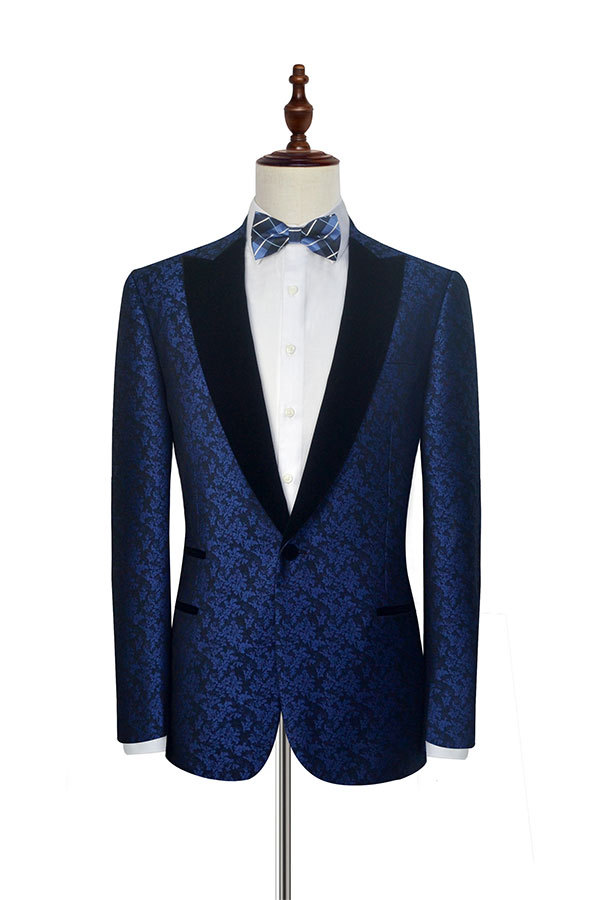Blue Floral Pattern Tuxedos for Wedding with Black Velvet Peak Collar Prom Suits