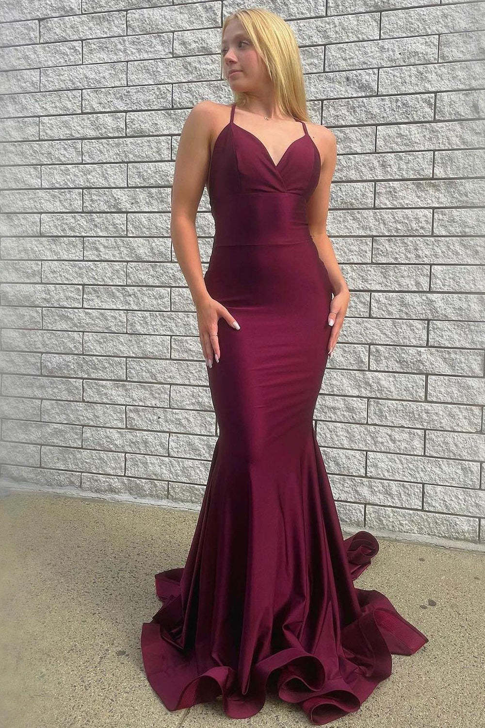 Burgundy Long Prom Dress with Mermaid Spaghetti Straps and Criss Cross Back