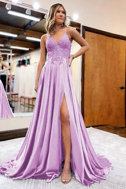 Prom Dress in Dark Green Satin with A-Line Silhouette and Appliques Featuring a Slit
