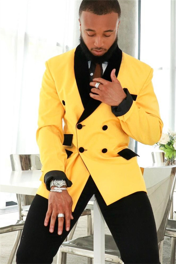 Stylish Slim Fit Yellow Black Shawl Men's Suits with Double-Breasted