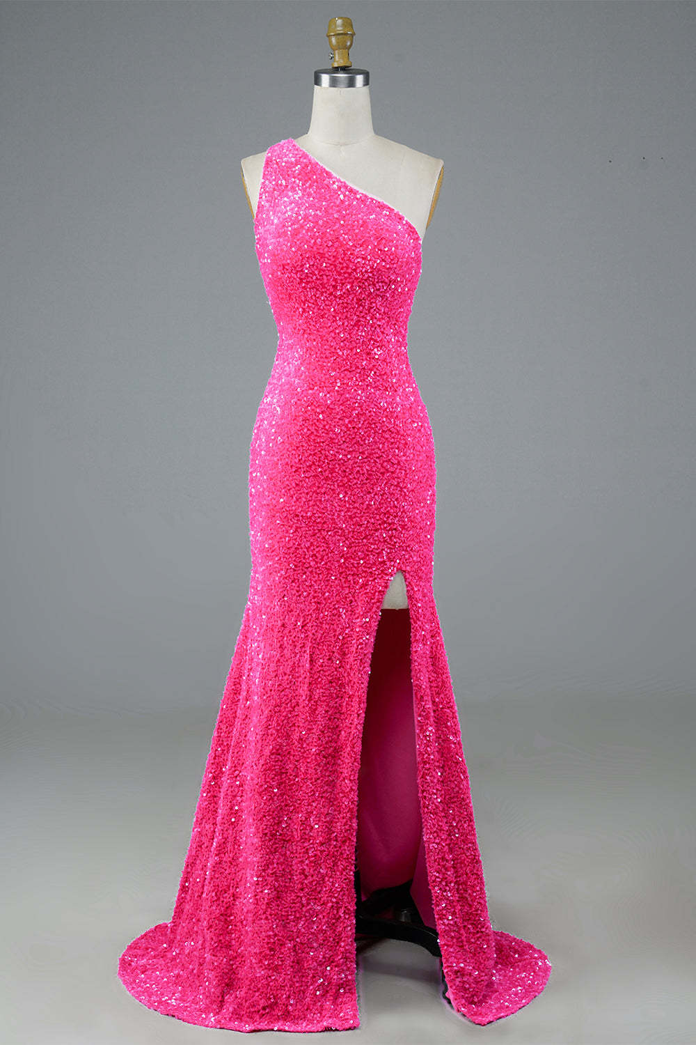 Long Prom Dress in Fuchsia with Sequin Details and Slit