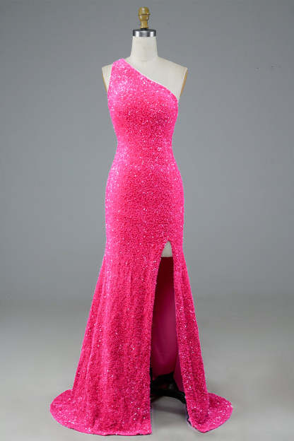 Long Prom Dress in Fuchsia with Sequin Details and Slit