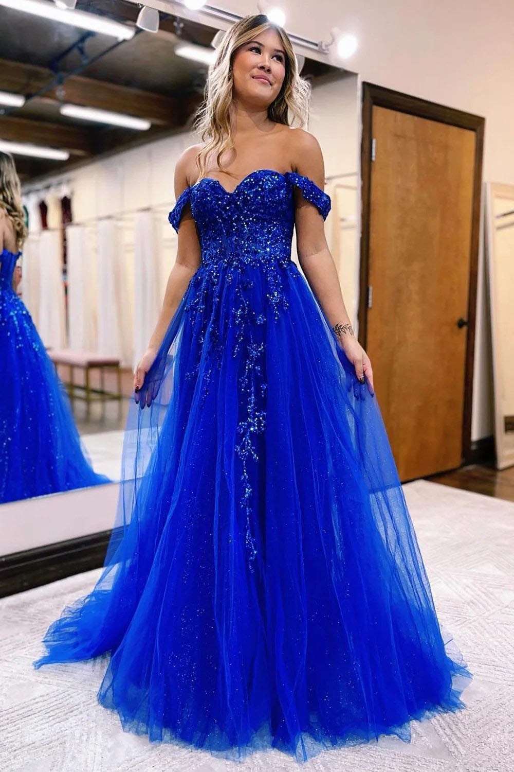 Royal Blue Long Prom Dress with Off-the-Shoulder A-Line and Front Split
