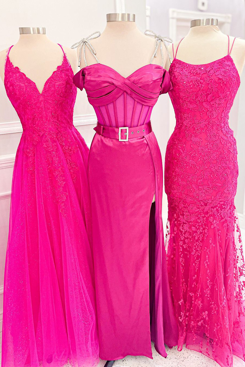 Hot Pink Mermaid Corset Prom Dress with Stylish Spaghetti Straps and Front Split
