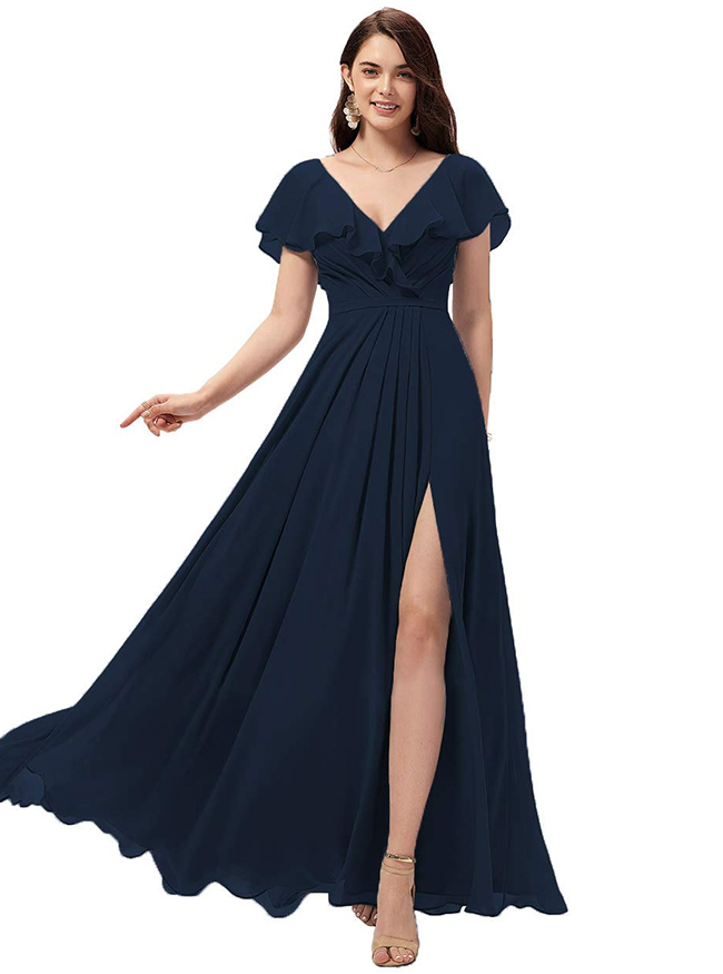 Chiffon Ruffles Bridesmaid Dress with Split