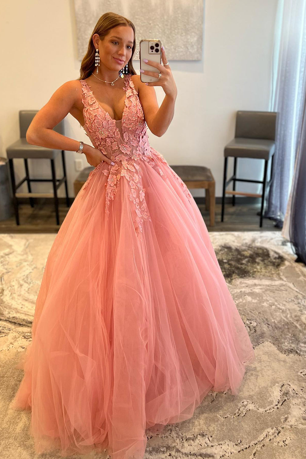 Orange V-Neck A-Line Prom Dress Featuring Appliques