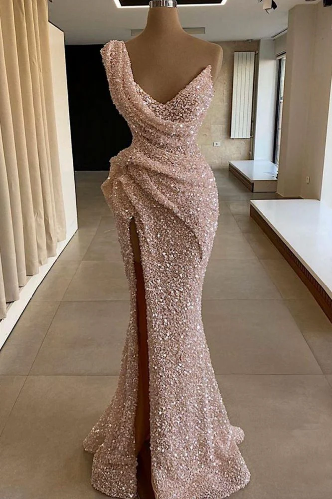 Sequins V-Neck One-Shoulder Split Mermaid Elegant Evening Dress