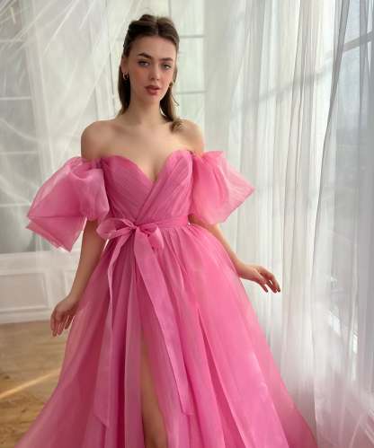Dreamy Princess Puff Sleeves Split Evening Dress