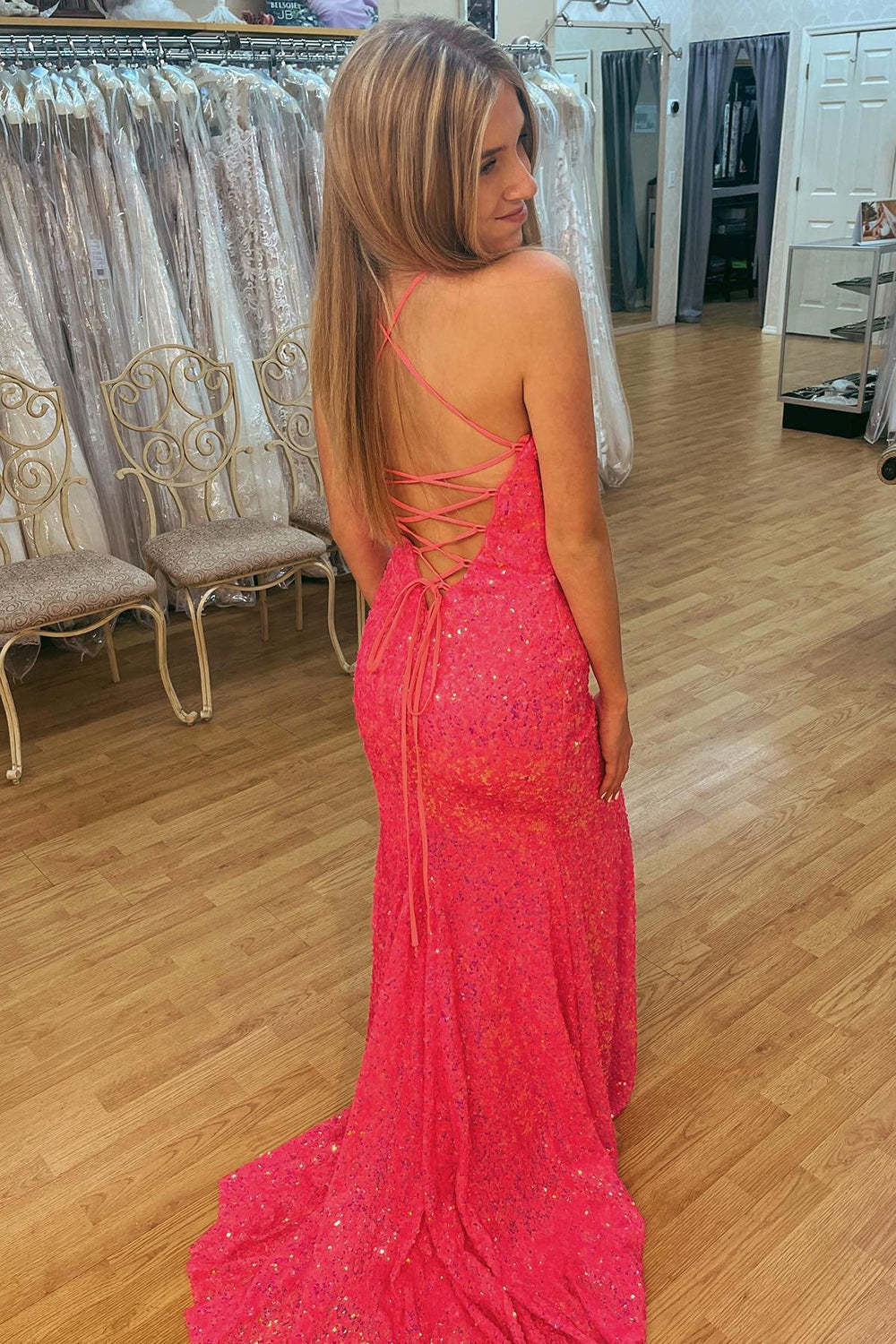Sequined Prom Dress with Lace-Up Back in Hot Pink