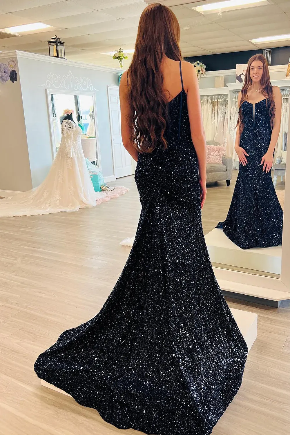 Long Red Corset Prom Dress with Spaghetti Straps Sequins and Mermaid Slit