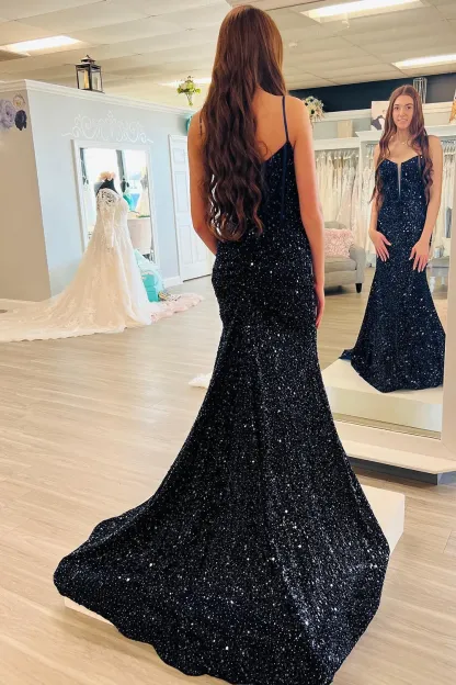 Long Red Corset Prom Dress with Spaghetti Straps Sequins and Mermaid Slit