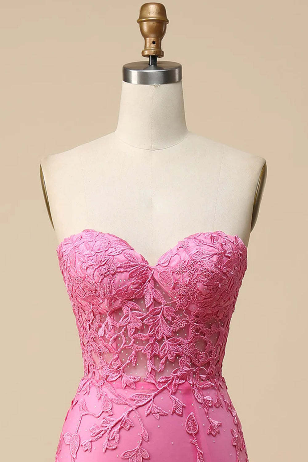 Sweetheart Long Pink Lace Corset Prom Dress with Slit