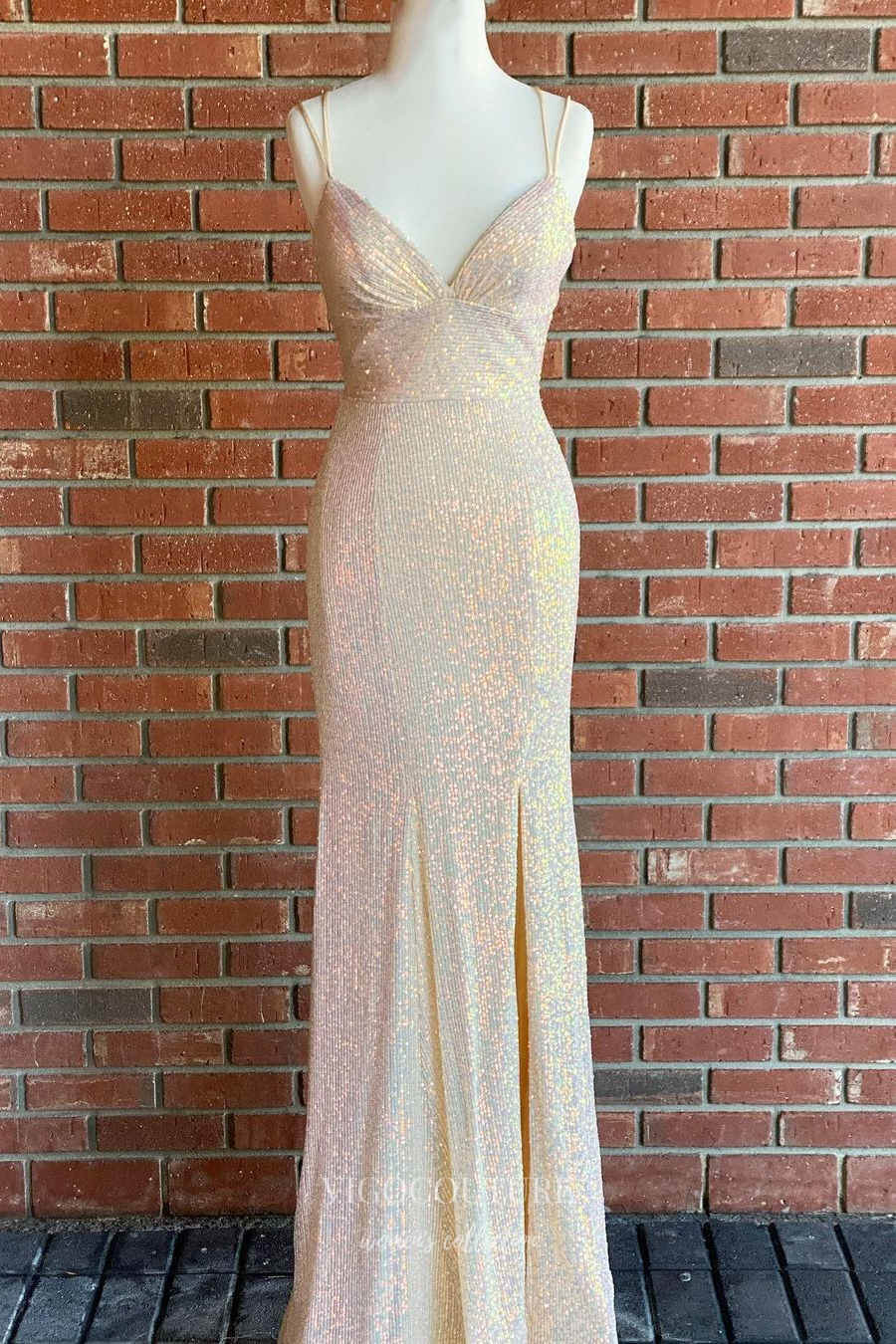 Orange Sequins Long Prom Dress with Mermaid Spaghetti Straps and Split Front