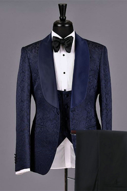 Fashion Dark Navy Jacquard Bespoke Wedding Suits for Men