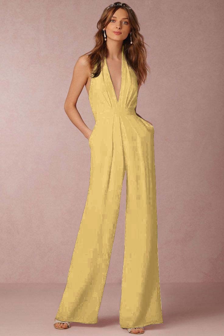 Casual Black Deep V-Neck Halter Long Daily Jump Suit