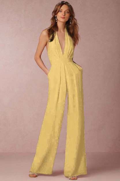 Casual Black Deep V-Neck Halter Long Daily Jump Suit