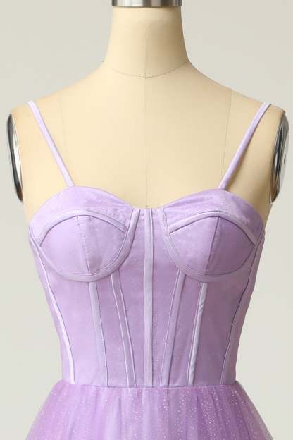 Light purple long prom dress with spaghetti straps in an A-line cut