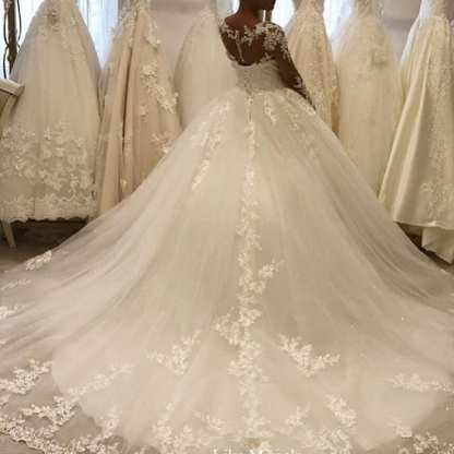 Beautiful Appliques A-Line Bateau Long Sleeves Wedding Dress with Tulle Lace Ruffles